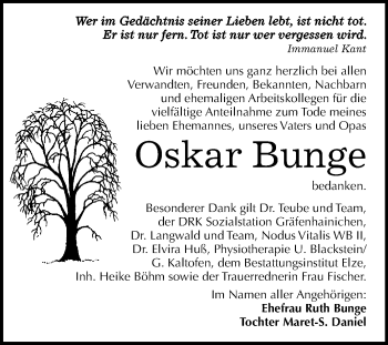 Traueranzeige von Oskar Bunge von WVG - Wochenspiegel Dessau / Köthen