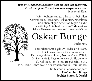 Traueranzeige von Oskar Bunge von WVG - Wochenspiegel Wittenberg
