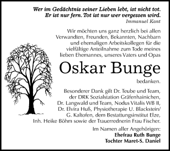 Traueranzeige von Oskar Bunge von Mitteldeutsche Zeitung Dessau-Roßlau