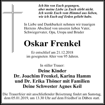 Traueranzeige von Oskar Frenkel von WVG - Wochenspiegel Dessau / Köthen