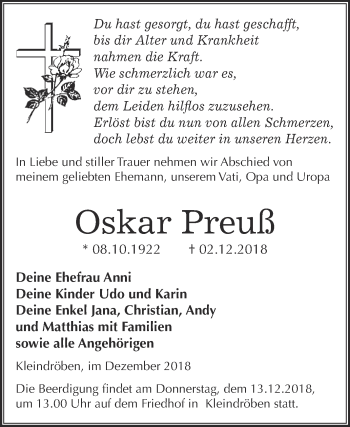 Traueranzeige von Oskar Preuß von WVG - Wochenspiegel Wittenberg