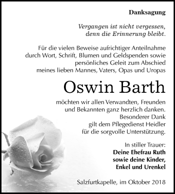 Traueranzeige von Oswin Barth von Mitteldeutsche Zeitung Bitterfeld