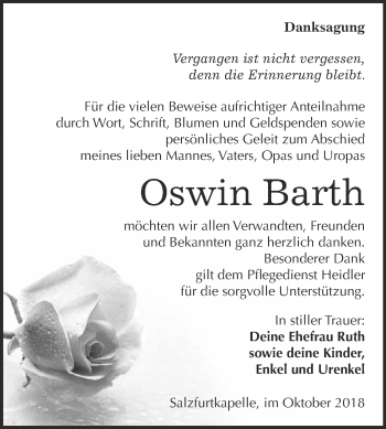 Traueranzeige von Oswin Barth von WVG - Wochenspiegel Bitterfeld