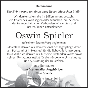 Traueranzeige von Oswin Spieler von Wochenspiegel Mansfelder Land