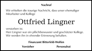 Traueranzeige von Ottfried Lingner von Mitteldeutsche Zeitung Bitterfeld