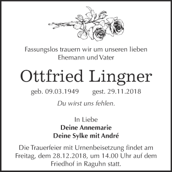 Traueranzeige von Ottfried Lingner von WVG - Wochenspiegel Bitterfeld