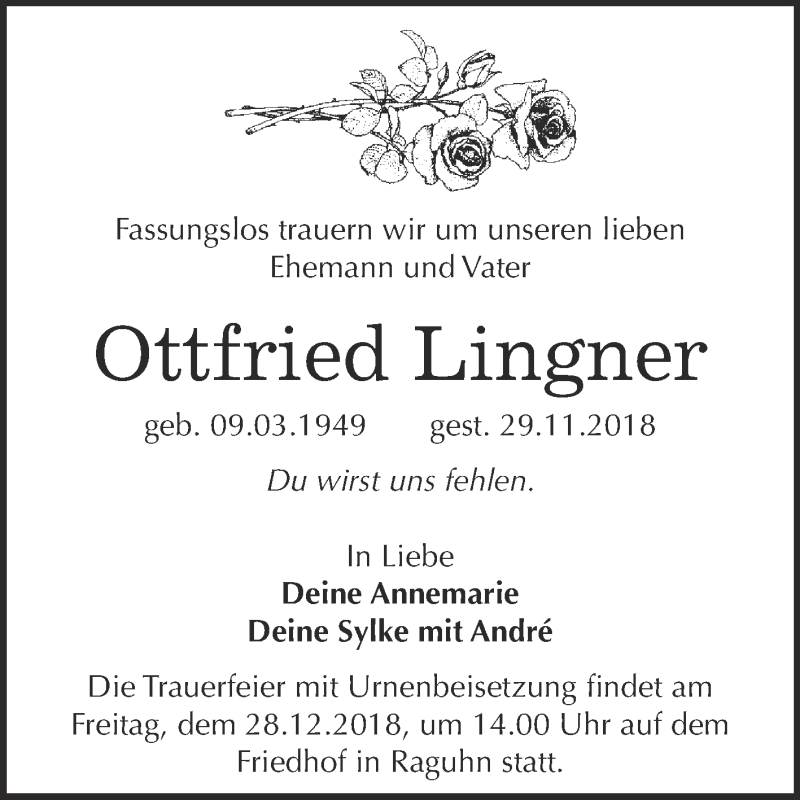  Traueranzeige für Ottfried Lingner vom 17.12.2018 aus WVG - Wochenspiegel Bitterfeld