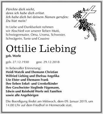 Traueranzeige von Ottilie Liebing von Super Sonntag SGH Mansf. Land