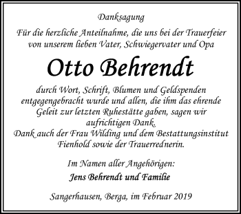 Traueranzeige von Otto Behrendt von Mitteldeutsche Zeitung Sangerhausen