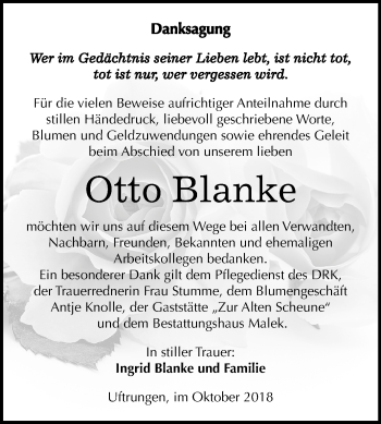 Traueranzeige von Otto Blanke von Mitteldeutsche Zeitung Sangerhausen