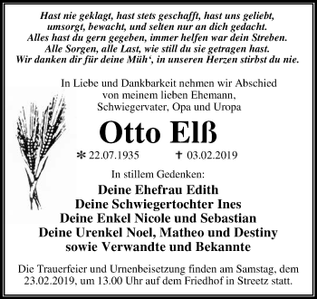 Traueranzeige von Otto Elß von WVG - Wochenspiegel Dessau / Köthen