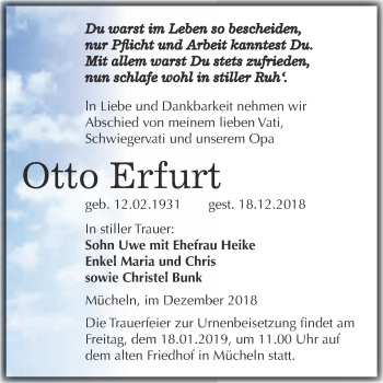 Traueranzeige von Otto Erfurt von WVG - Wochenspiegel Merseburg
