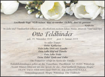 Traueranzeige von Otto Feldbinder von Super Sonntag Wittenberg