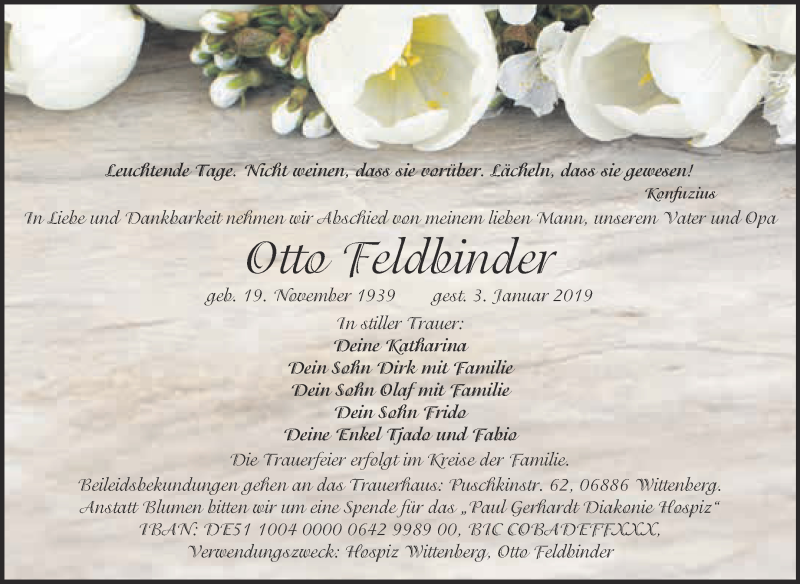  Traueranzeige für Otto Feldbinder vom 07.01.2019 aus Super Sonntag Wittenberg