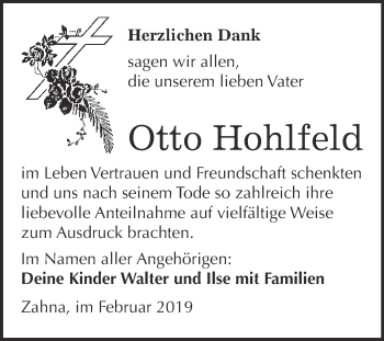 Traueranzeige von Otto Hohlfeld von Super Sonntag Wittenberg