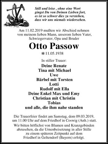 Traueranzeige von Otto Passow von WVG - Wochenspiegel Dessau / Köthen