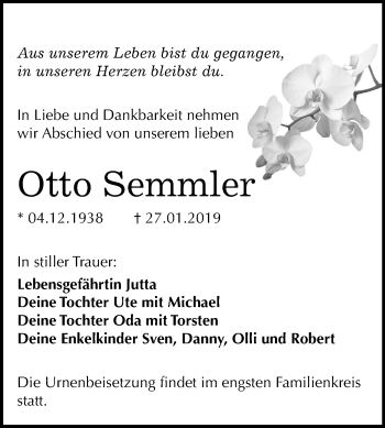 Traueranzeige von Otto Semmler von Mitteldeutsche Zeitung Köthen