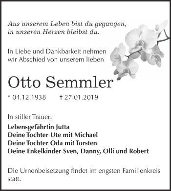 Traueranzeige von Otto Semmler von WVG - Wochenspiegel Dessau / Köthen