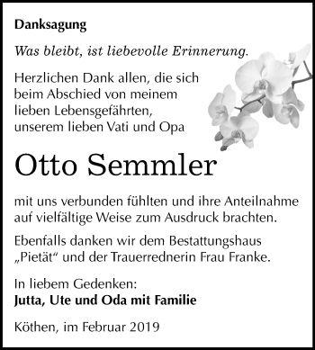 Traueranzeige von Otto Semmler von Mitteldeutsche Zeitung Köthen