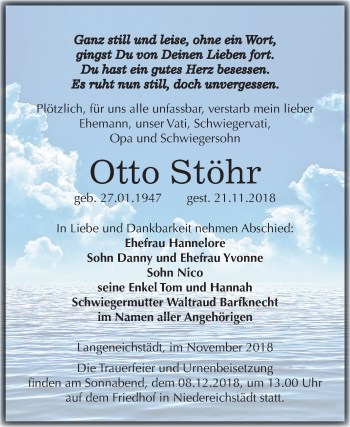 Traueranzeige von Otto Stöhr von Mitteldeutsche Zeitung Merseburg/Querfurt