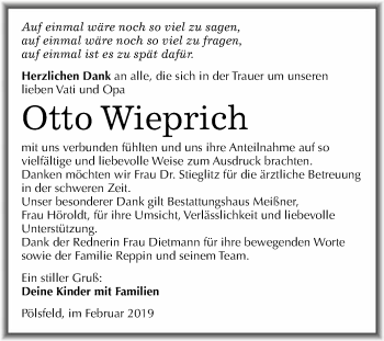 Traueranzeige von Otto Wieprich von Super Sonntag SGH Mansf. Land