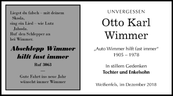 Traueranzeige von Otto Karl Wimmer von Mitteldeutsche Zeitung Weißenfels