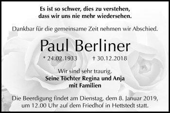Traueranzeige von Paul Berliner von Mitteldeutsche Zeitung Mansfelder Land