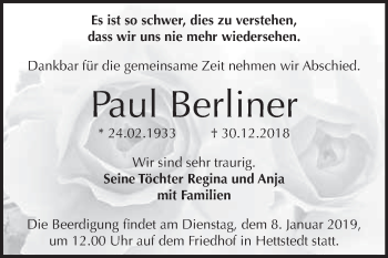 Traueranzeige von Paul Berliner von Super Sonntag SGH Mansf. Land