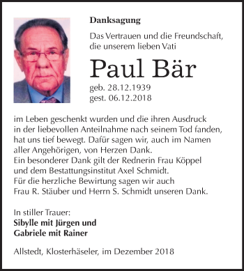 Traueranzeige von Paul Bär von Mitteldeutsche Zeitung Naumburg/Nebra