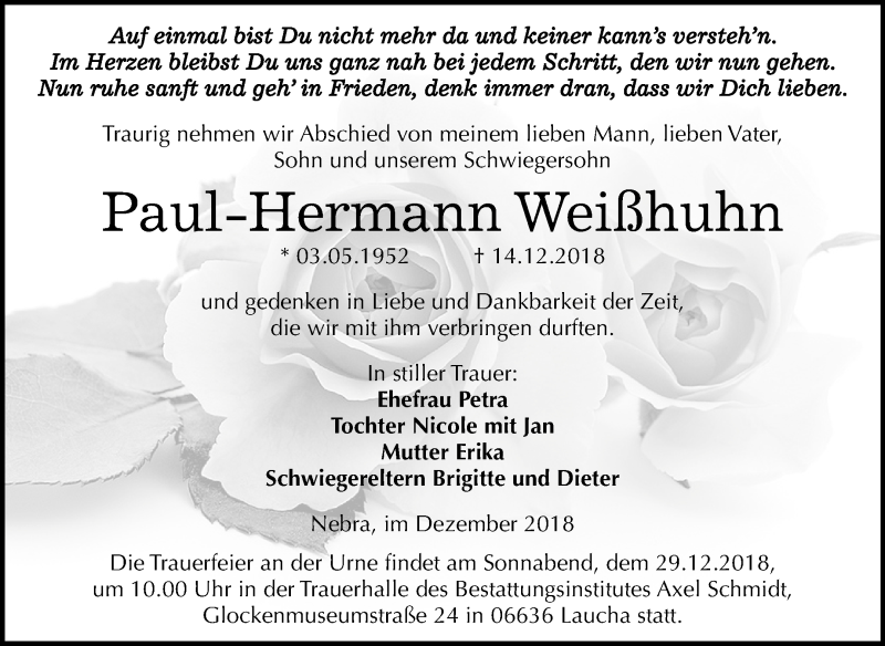  Traueranzeige für Paul-Hermann Weißhuhn vom 22.12.2018 aus Mitteldeutsche Zeitung Naumburg/Nebra