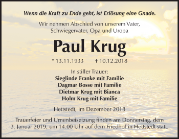 Traueranzeige von Paul Krug von Mitteldeutsche Zeitung Mansfelder Land