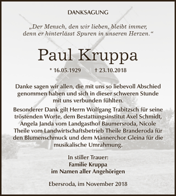 Traueranzeige von Paul Kruppa von WVG - Wochenspiegel NMB / WSF / ZTZ