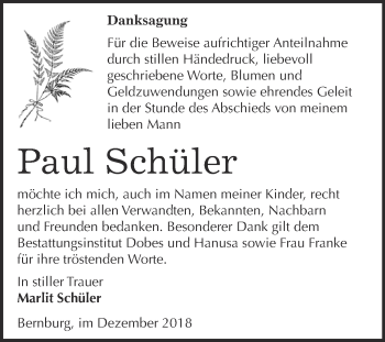 Traueranzeige von Paul Schüler von Super Sonntag Bernburg