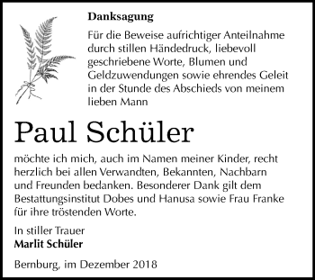 Traueranzeige von Paul Schüler von Mitteldeutsche Zeitung Bernburg