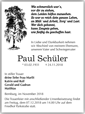 Traueranzeige von Paul Schüler von Mitteldeutsche Zeitung Bernburg