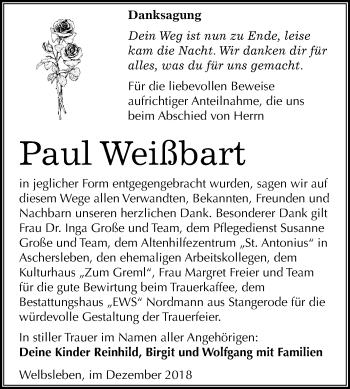 Traueranzeige von Paul Weißbart von Mitteldeutsche Zeitung Aschersleben