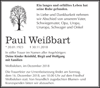 Traueranzeige von Paul Weißbart von Super Sonntag SGH Mansf. Land