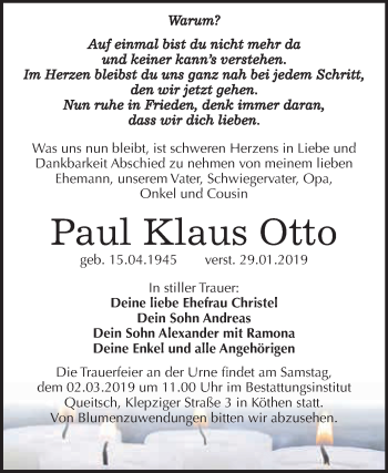 Traueranzeige von Paul Klaus Otto von WVG - Wochenspiegel Dessau / Köthen