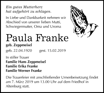 Traueranzeige von Paula Franke von Mitteldeutsche Zeitung Bernburg