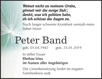 Traueranzeige von Peter Band von Super Sonntag Bernburg