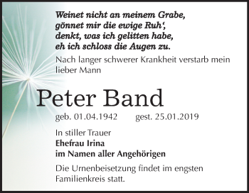 Traueranzeige von Peter Band von Mitteldeutsche Zeitung Bernburg