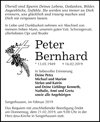 Traueranzeige von Peter Bernhard von Mitteldeutsche Zeitung Sangerhausen