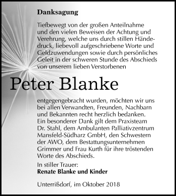 Traueranzeige von Peter Blanke von Mitteldeutsche Zeitung Aschersleben