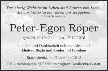 Traueranzeige von Peter-Egon Röper von WVG - Wochenspiegel Merseburg