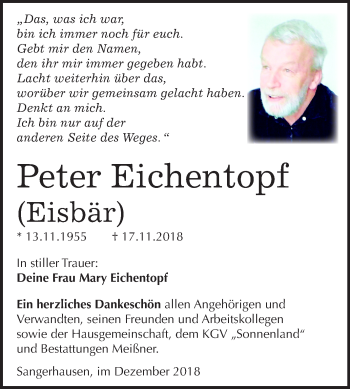 Traueranzeige von Peter Eichentopf von Mitteldeutsche Zeitung Sangerhausen