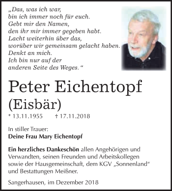 Traueranzeige von Peter Eichentopf von Super Sonntag SGH Mansf. Land