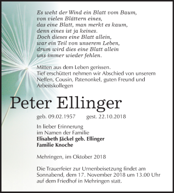 Traueranzeige von Peter Ellinger von Mitteldeutsche Zeitung Aschersleben