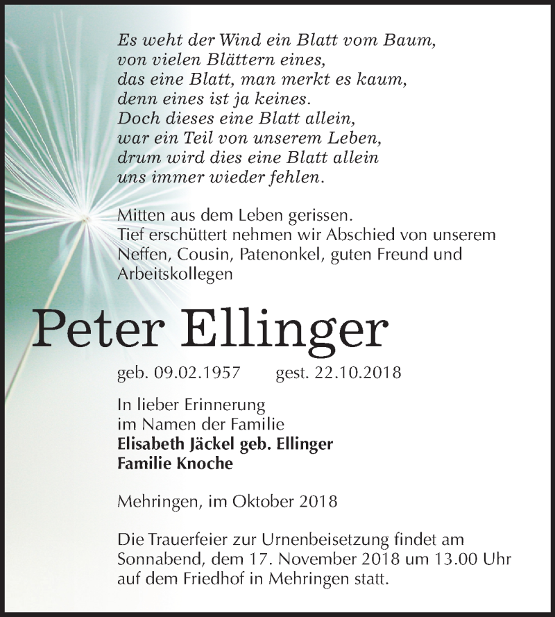  Traueranzeige für Peter Ellinger vom 03.11.2018 aus Mitteldeutsche Zeitung Aschersleben