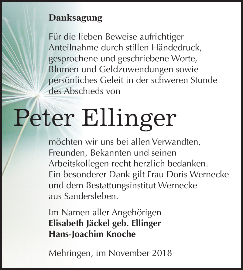  Traueranzeige für Peter Ellinger vom 28.11.2018 aus Mitteldeutsche Zeitung Aschersleben