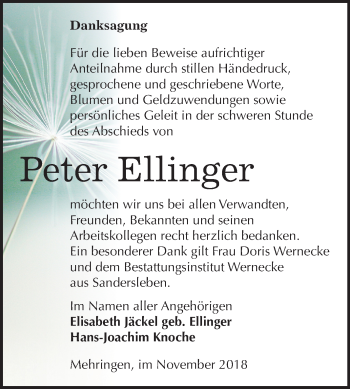 Traueranzeige von Peter Ellinger von Mitteldeutsche Zeitung Aschersleben